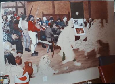 Michael Dams creating the mural in College House in 1982.