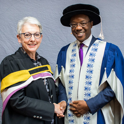 Justice Carole Lewis congratualated on her Gold Medal by Professor Tawana Kupe, Deputy Vice-Chancellor: Advancement