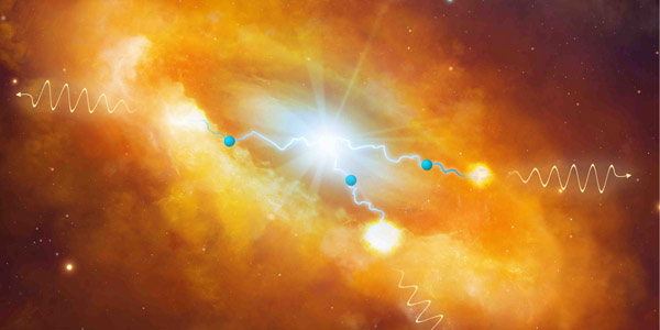 A powerful cosmic Pevatron in the center of the Milky Way: Artistic view of the gamma-ray emission coming from the interaction of relativistic protons, injected by the central super-massive black hole Sgr A*, with the giant clouds of the Central Molecular Zone. 