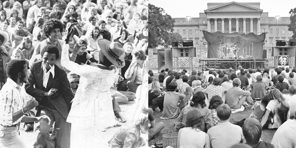 Wits University students enjoy the music at the Free People's Concert, held on 23 February 1973, on the Library Lawns, Braamfontein Campus East. ©Josh Spencer