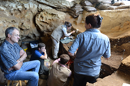 rofessor Chris Henshilwood and his team working behind the scenes in Blombos Cave in South Africa’s southern Cape, where the drawing was found. Credit: Ole Frederik Unhammer