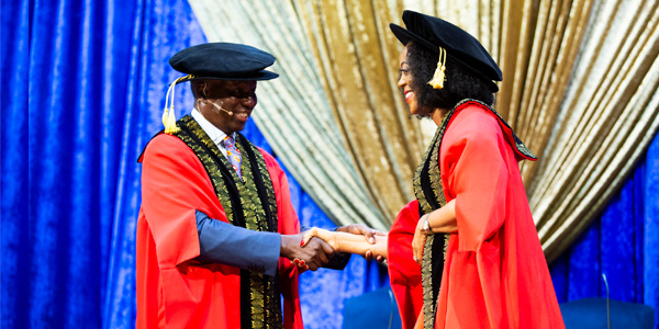 Justice Dikgang Moseneke and Dr Judy Dlamini during her installation as incoming Wits Chancellor