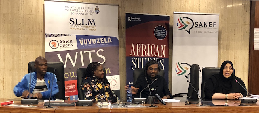 Ruth First panel: Activist Mmnikelo Ndabankulu, Chairperson of the South African National Editors Forum (Sanef) Mahlatse Mahlase, guest speaker Niren Tolsi and Mail and Guardian Editor in Chief Khadija Patel 