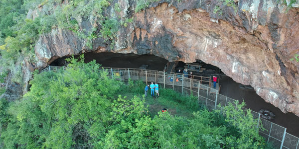 1.	Border Cave in the Lebombo Mountains. Panorama from drone images.  Copyright A. Kruger