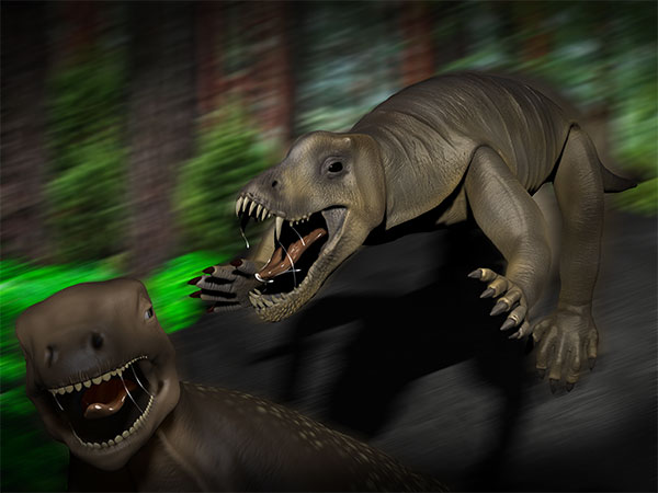 A live reconstruction of Anteosaurus attacking a herbivorous Moschognathus.