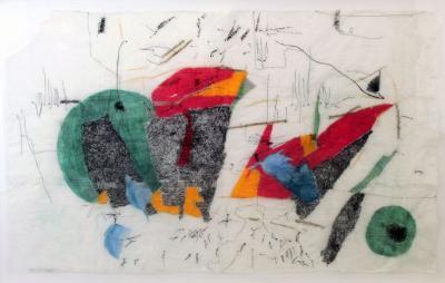Enclosed 2020 drawing. Thread, watercolour, pastel and charcoal on wax paper. 150x99cm