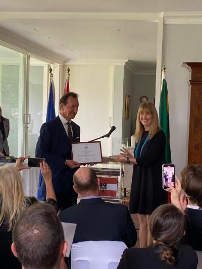 Tali Nates awarded the Austrian Holocaust Memorial Award by Ambassador Dr Johann Brieger.
