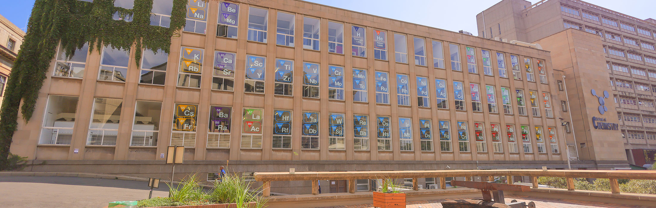 Windows showing periodic table Chemistry building Windows showing periodic table Chemistry building