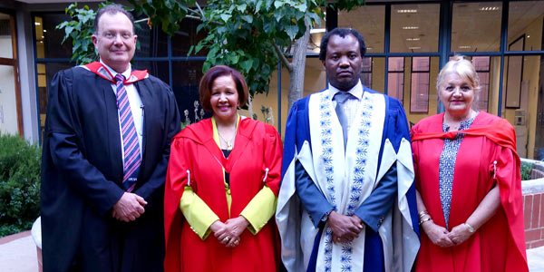 Professors Martin Veller, Leatitia Rispel, Zeblon Vilakazi and Beverley Kramer at Rispel's inaugural lecture.