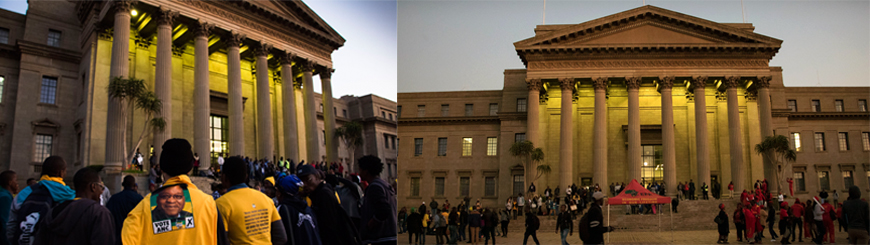Party supporters and students gather outside the Great Hall for the #WitsDebate - the Battle for Joburg