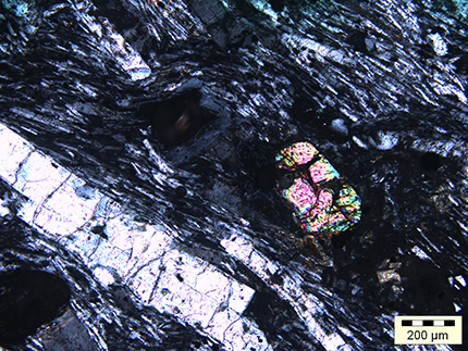 Variably sized crystals of alkali feldspar like the large white one at lower left are aligned by magmatic flow. A large zircon crystal appears as the brightly coloured grain just right of center. 