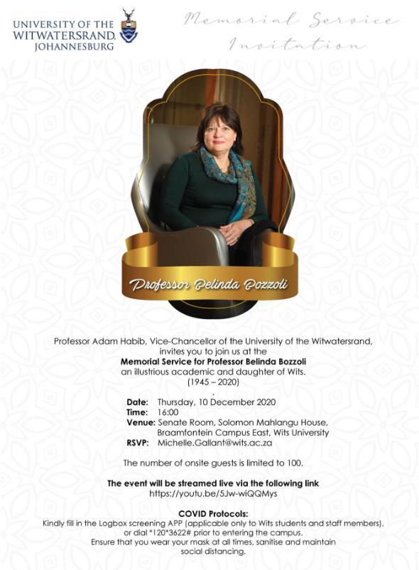 Memorial Service for Prof. Belinda Bozzoli