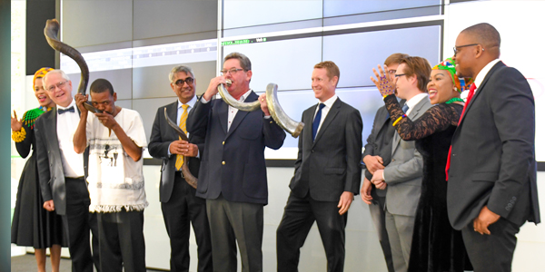 Wits and Absa participate in the JSE tradition of blowing kudu horns, symbolising the milestone listing Wits and Absa participate in the JSE tradition of blowing kudu horns, symbolising the milestone listing