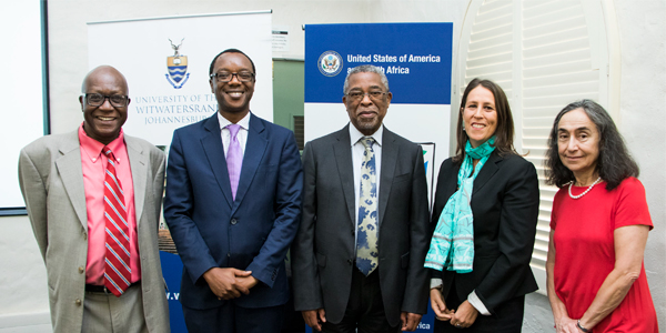 Prof. Gilbert Khadiagala, Prof. Tawana Kupe, Moeletsi Mbeki, Jessye Lapenn and Dr Marion Bergman at the African Centre for the US study conference Prof. Gilbert Khadiagala, Prof. Tawana Kupe, Moeletsi Mbeki, Jessye Lapenn and Dr Marion Bergman at the African Centre for the US study conference