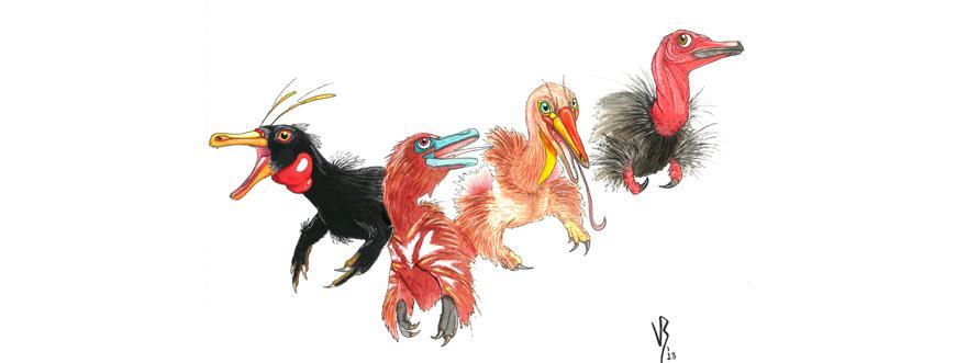 Viktor Radermacher artist reconstruction of important alvarezsaur species L_R Haplocheirus, Xiyunykus, Bannykus, and Shuvuuia.x870