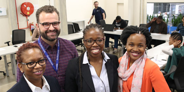 Dr Jabulile Msimango-Galawe, Shaun Randles, Nokwazi Mzobe and Tsabi Molapo at the panel discussion during the IBM Startup Bootcamp at Wits' Tshimologong Digital Innovation Precinct.