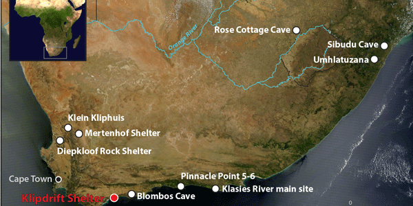 Location of Klipdrift Shelter and other South African Howiesons Poort sites (Credits Katja Douze)