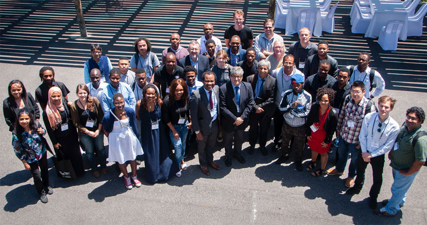 Wits' team of researchers and academics at SA-CERN, with Professors Zeblon Vilakazi, Adam Habib and Bruce Mellado