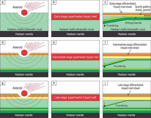 A Model for the compositional evolution of the early Earth’s crust due to fractional crystallization of impact melt sheets followed by detachment and sinking of their dense primitive portions towards the crust-mantle boundary. Credit: Rais Latypov