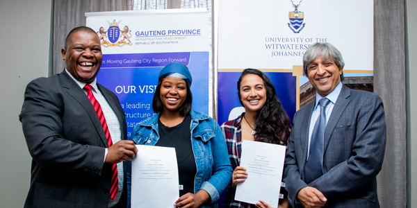 MEC for the Department of Infrastructure Jacob Mamabolo, Wits SRC President Sisanda Mbolekwa, SRC Deputy Secretary-General Thaakirah Savahl and Wits Vice-Chancellor and Principal Professor Adam Habib