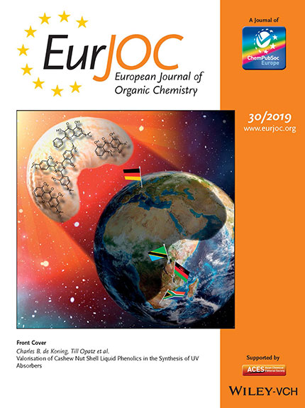 The cover of the European Journal of Organic Chemistry in which the research article on the process of producing UV filters from cashew nuts is published.