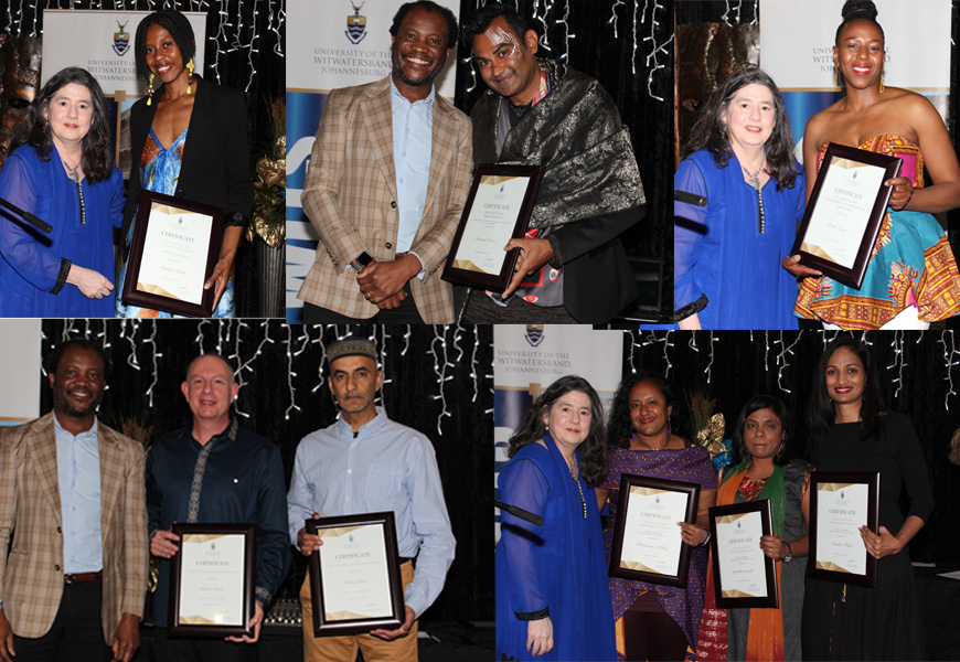 Boledi Tladi with Prof. Ruksana Osman, Prof. Bavesh Kana with Prof. Zeblon Vilakazi, Buhle Zuma with Prof. Ruksana Osman, Profs Zeblon Vilakazi, Shane Norris and Abdul Kara and Drs Jaishika Seedat, Amisha Kanji and Dhanashree Pillay with Prof. Ruksana Osman