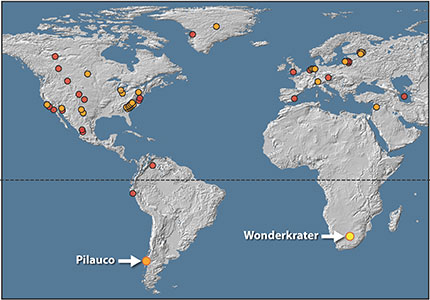 A map of the world showing where similar platinum spikes dated 12 800 ago have been found. The latest discovery is at Wonderkrater in the Limpopo Province of South Africa.