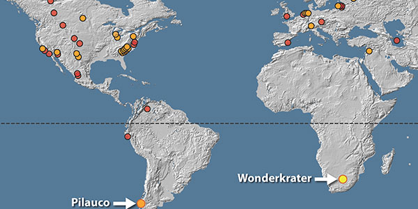 A map of the world showing where platinum spikes dated 12 800 years ago have been found. The latest discovery is at Wonderkrater in the Limpopo Province of South Africa.