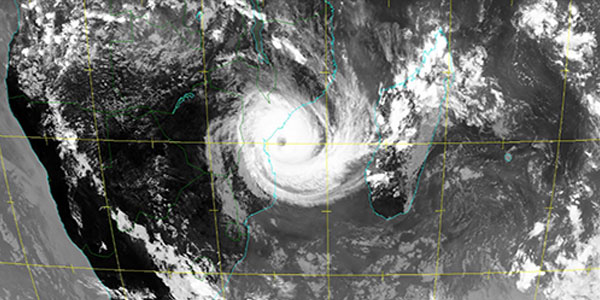 Tropical Cyclone Idai just before making landfall over Beira on 14 March 2018. There is evidence that the number of intense tropical cyclones will increase globally under low mitigation climate change futures. Credit: Meteosat Second Generation (MSG) infra-red satellite image.