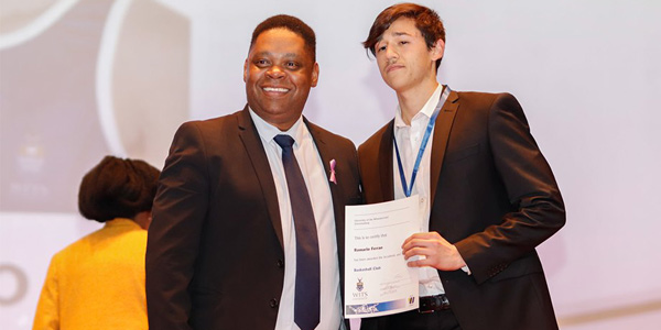 Jerome-September, Dean of Student Affairs and electrical engineering student and athlete, Romario Ferrao at the 2019 Wits Sports Awards. Jerome-September, Dean of Student Affairs and electrical engineering student and athlete, Romario Ferrao at the 2019 Wits Sports Awards.