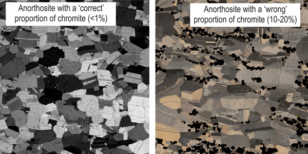 Photomicrographs showing anorthosites with “correct” and “wrong” proportions of chromite from the Bushveld Complex, South Africa. 
