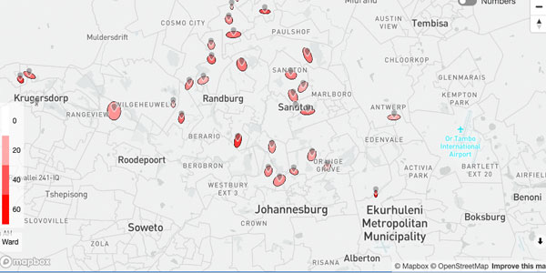Map of active Covid-19 hotspots in Gauteng
