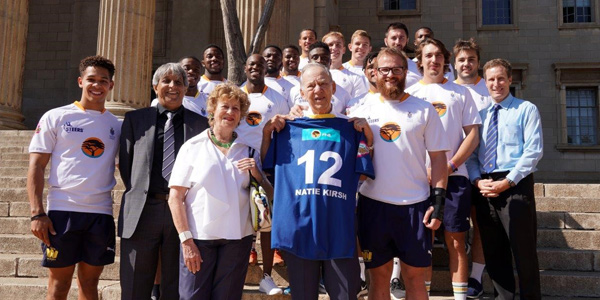 Natie Kirsch visited the Wits Campus where he was presented with a Wits Rugby Jersey by the Vice-Chancellor and the Wits First XV Rugby Team on 20 March 2019