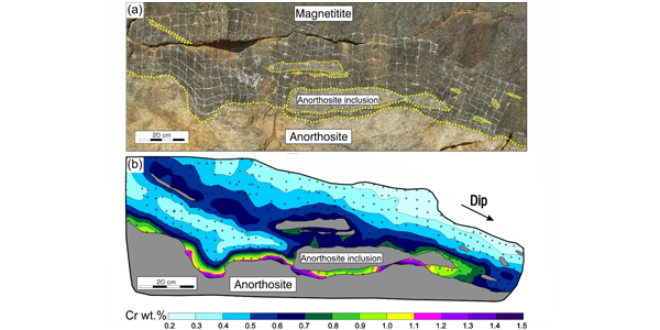 Magnetitite layer from the Bushveld Complex (a) and a chemical contour map showing the distribution of chromium within the layer (b).