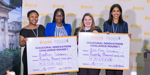 Winning teams: EcoBurn Solutions: Lesego Shareen Olebile and Phenyo Matau (left) and • Eco Cane Innovations (ECI): Charissa de Gouveia and Shamira Pillay (right) Winning teams: EcoBurn Solutions: Lesego Shareen Olebile and Phenyo Matau (left) and • Eco Cane Innovations (ECI): Charissa de Gouveia and Shamira Pillay (right)