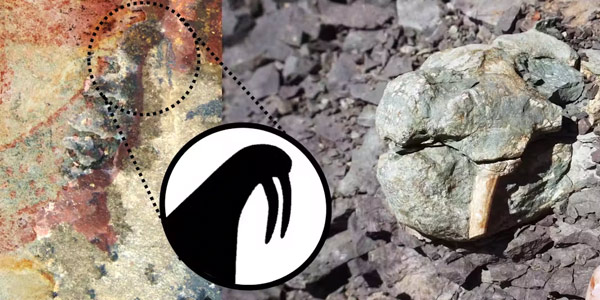 Painting (left), dicynodont fossil skull with tusk (right), clearer outline of head of painted animal (centre)  Dr Julien Benoit, Author provided (no reuse)