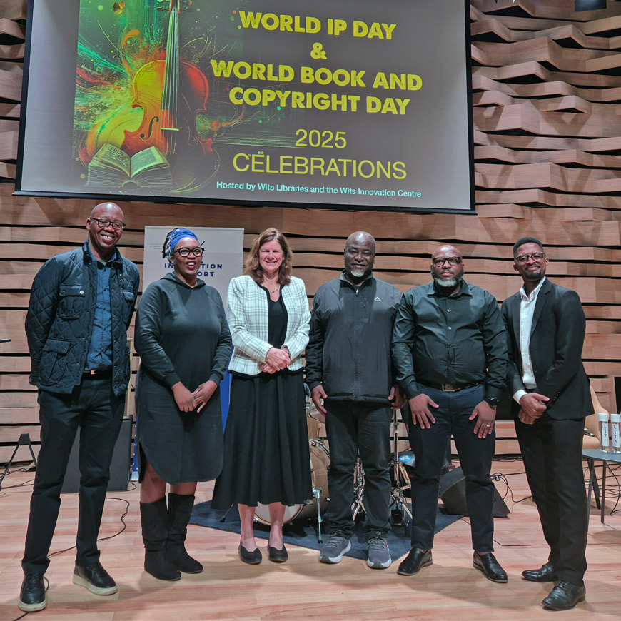 World IP Day 2025. (L-R)Letlotlo Phohole, Rachel Sikwane, Professor Lynn Morris, Lazarus Matizirofa, Tebogo Machethe, and Thato Maloto.