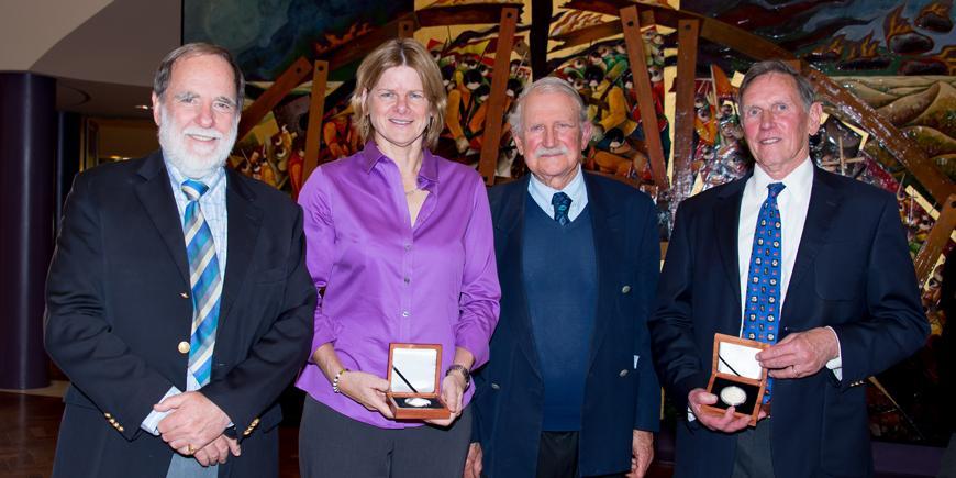 L-R. Nicky Oppenheimer, Prof Lynn Morris, Prof Wieland Gevers, co-Harry Oppenheimer Fellowship awardee, Prof Robert P Millar 