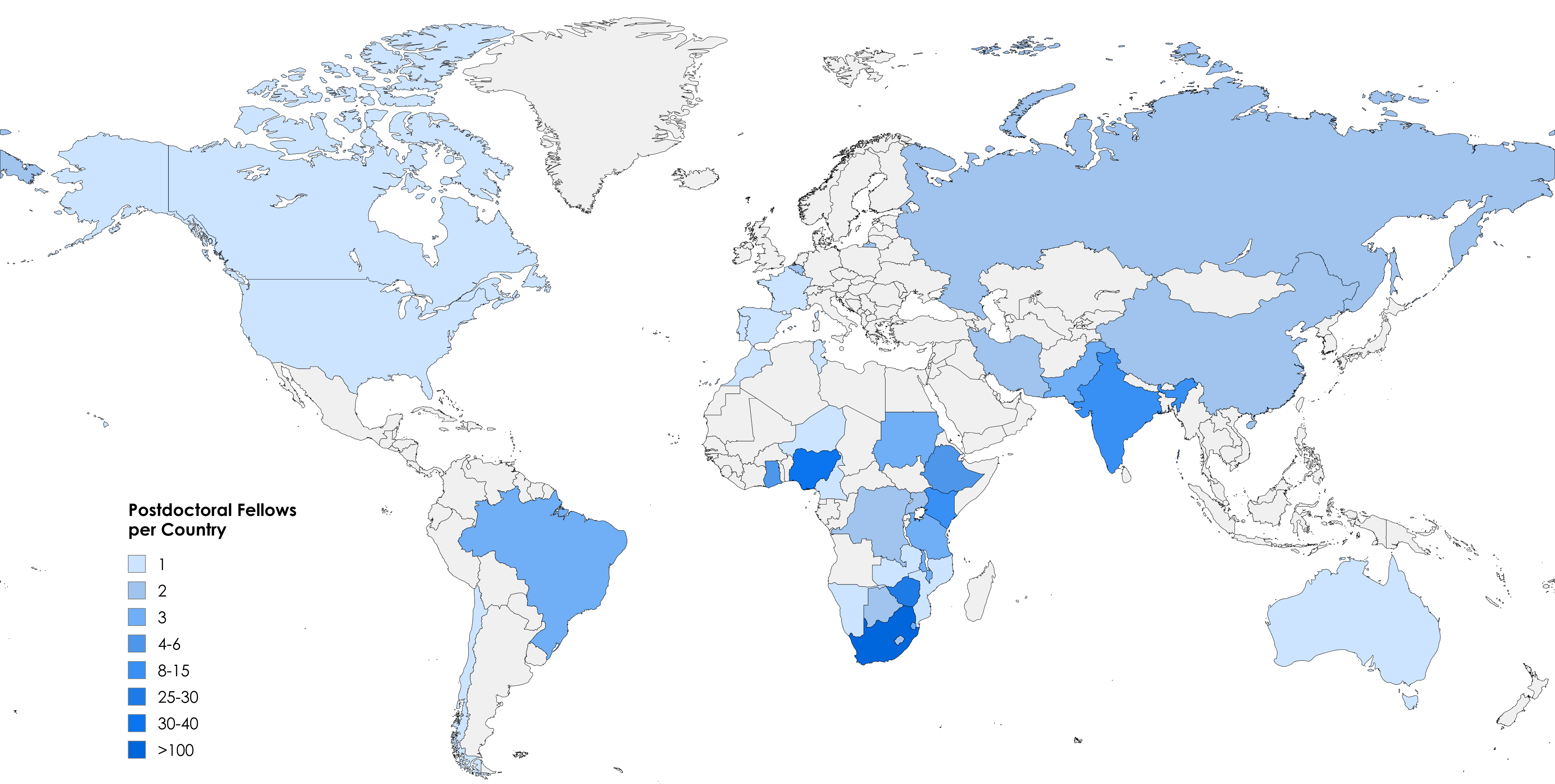 Map showing where postdoctoral fellows come from