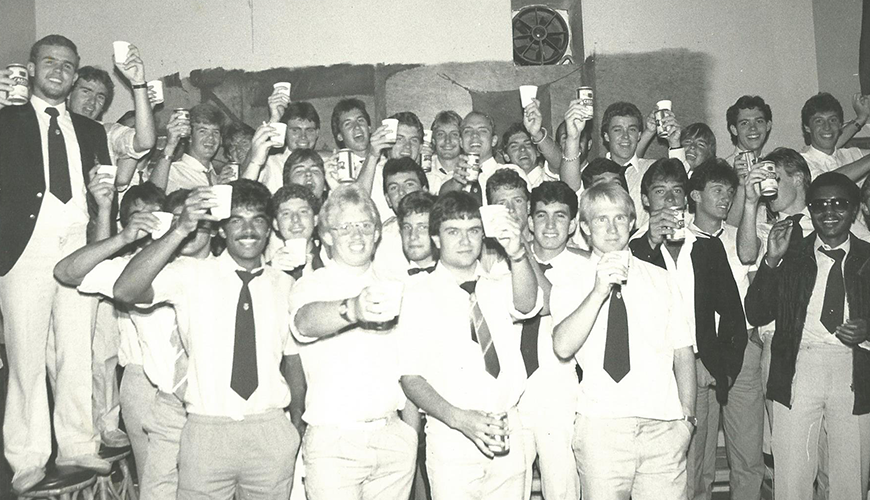 Mens Res residents in the 'Dev Room' 1985