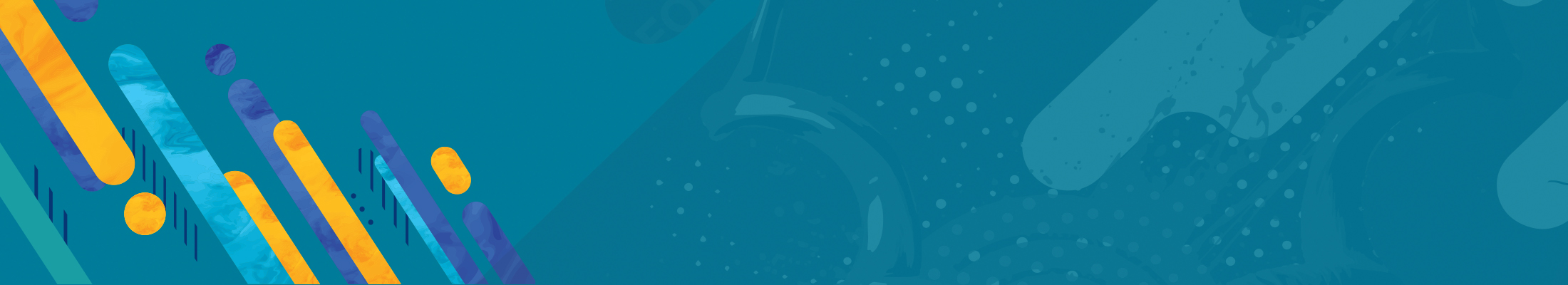 Banner with blue background and colourful cylinder motif